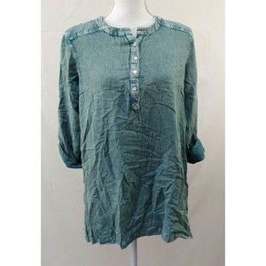 Soft Surroundings Womens Top Medium Chambray Acid Wash Roll Tab Sleeves Button